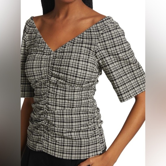 Ganni Rucked Check Plaid Top Blouse - Picture 1 of 16